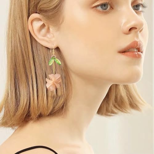 Resin Flower Cluster Ball Dangle Drop Earrings for Women Spring Summer Bohemian Floral Petal with Green Leaf Earrings Vacation Party Jewelry - color: Light Orange