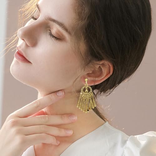 Indian Jingle Bell Dangling Chandelier Clip on Earring Boho Ethnic for Women Bollywood Traditional Gypsy Bohemian Gold Plated Long Tassel Dangle Drop Festival Holiday Party Non Pierced Ears Jewelry