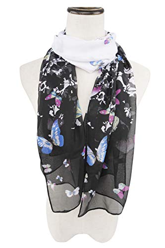 YOUR SMILE Ladies/Women's Lightweight Floral Print/Solid Color mixture Shawl Scarf For Spring Summer season - color: Black/White Butterfly