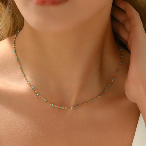 NONAMOIS Gold Chain Necklace for Women Dainty 18K Gold Plated Thin Satellite Beaded Turquoise Necklace Simple Layered Boho Jewelry Christmas Gifts - color: Green Beads-Gold
