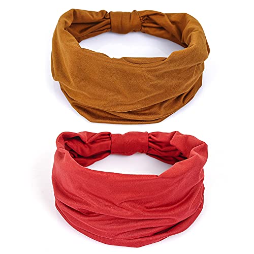 GiLi 2 Pack Wide Headbands for Women Boho African Knotted Non Slip Fashion Hair Bands Yoga Running Sports Workout Gym Head Wraps Elastic Soft Cotton Cloth Turbans Bandana for Girls (Brown,Red) - color: 2 Color (Brown+Red)