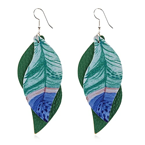 ANXIN boho unique Leather Earrings 2 Layered Lightweight Faux Leather Leaf Earrings Layered Design Drop Earrings Gift for Women - color: GREEN Faux Leather Leaf Earrings