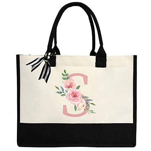 Initial Canvas Tote Bag for Women, Beach Bag with Inner Zipper Pocket Personalized Gifts for Wedding, Birthday | Initial - color: S