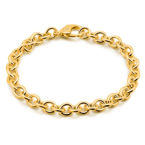Dankadi 925 Sterling Silver Classic Round Cable Wire Link Bracelet Women Cuban Curb Oval Belcher Link Chain 5.9 to 9 in For Men 24k Gold Plated Cuff Jewelry Gift - color: 6MM Gold, size: 7.5 inch