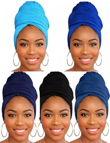 Head Wraps for Black Women, Breathable Headwrap Soft Long Hair Wraps Wide Headscarves for Locs Braids - color: 5pcs-(black,denim Blue,royal Blue,navy Blue,sky Blue)