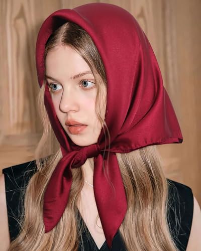 AWAYTR 27.5” Square Satin Head Scarf Hair Scarf for Women's Hair Silk Bandana for Women Silk Head Wrap for Sleeping - color: Dark Red