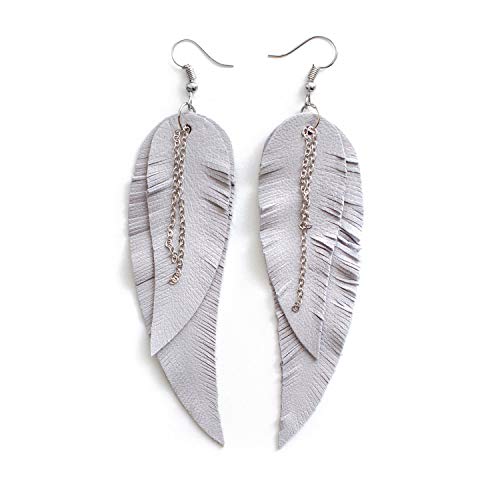 Black shiny Leather Feather Earrings for Women, Lightweight Minimal Boho Dangle Earrings, Small Simple Everyday Jewelry - color: light grey