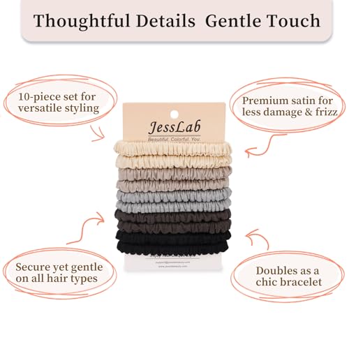 JessLab No Damage Satin Scrunchies, No Crease Hair Ties for Women, Gentle on Fine & Curly Hair, Sleeping, Party, 10-Piece - color: Assorted Colors 3