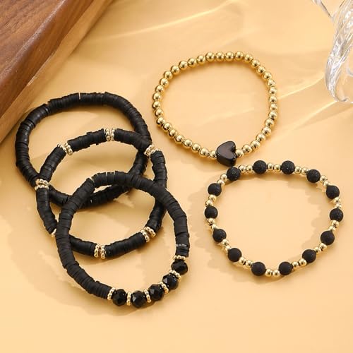 Alegend Titanium Steel (Not Rust, Resist Corruption, Easily Clean) 18K Gold Plated Single Bracelets + 14K Gold Plated Stackable Multilayer Bracelets - style: 14K Gold Plated Black Beaded