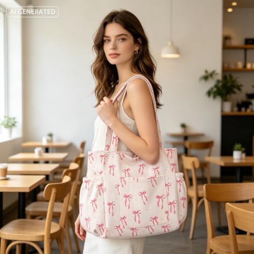 Corduroy Tote Bag for Women,Large Capacity Cute Tote Bags With 6 Pockets,Crossbody Shoulder Handbag for Work Travel Gym - color: A-watercolor Bows