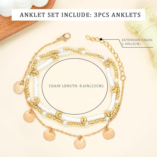 Stack Anklets Ankle Bracelets for Women Adjustable Waterproof Beach Jewelry Set Boho Gold Seashell Bead Surf Foot Chain Summer Gifts - color: 3pcs-White