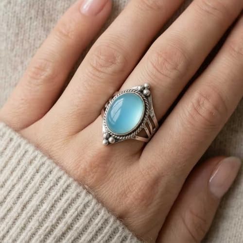 Handmade 925 Sterling Silver Plated Ring Natural Gemstone Carnelian, Rose Quartz, Tiger Eye, Crystal Oval Boho Jewelry For Women - color: Blue Chalcedony