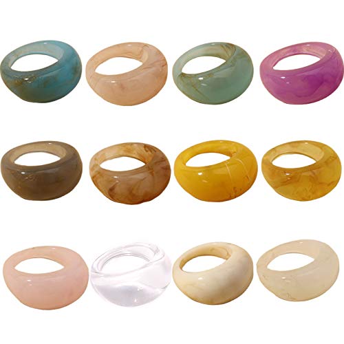 Set Resin Colorful Wide Thick Dome Knuckle Finger Stackable Joint Ring Retro Acrylic Transparent Vintage Jewelry Party Elegant Handmade Gift Diameter 18mm Stylish Bold - color: 12pcs