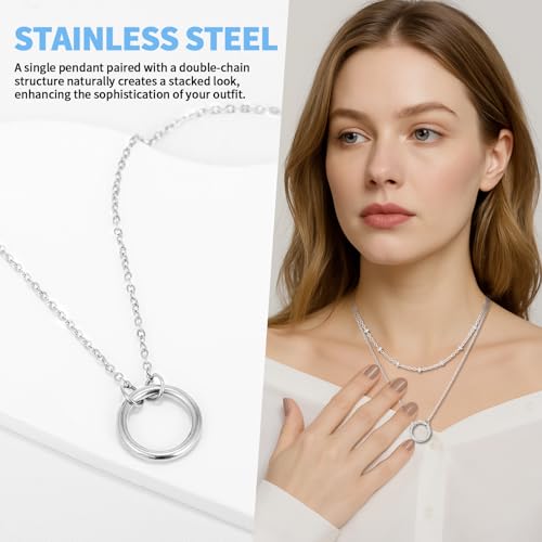Minimalist Stainless Steel Single or Two Circular Hammered Texture Pendant Necklace for Women, 14K Gold/Silver/Rose Gold Plated Hypoallergenic Stackable Layered Collarbone adjustable Chain Necklace, Dainty Layering Necklace Jewelry Gift - style: Silver Si