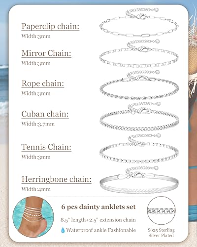 Besteel Ankle Bracelets for Women Waterproof - 14K Gold Plated Non Tarnish Layered Cuban Link Chain Rope Figaro Herringbone Anklets Set Plus Size Anklet Summer Foot Jewelry Gift Adjustable 8-12 Inch - style: 6 Pcs Silver Tennis-8.5+2.5 Inch