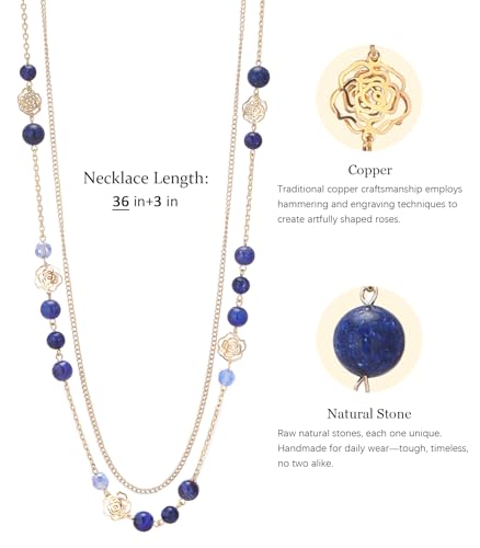 FULU AUTUMN Boho Gold Long Necklaces for Women Natural Stone Beaded Layered Long Necklace Mothers Day Gifts Dainty Flower Costume Jewelry for Women - color: Sapphire
