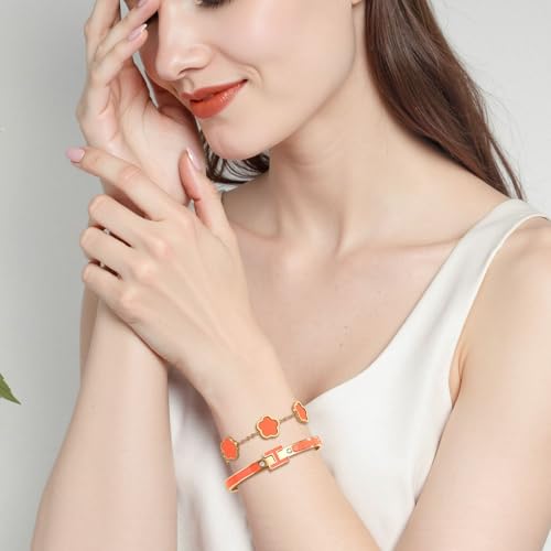 H Bangle & Clover Bracelet for Women - Stainless Steel Fashion Jewelry - 18K Gold Plated H Bangle and Lucky Five Leaf Clover Bracelet - Elegant Bracelets Set - Gift for Women - color: Gold-Orange Set