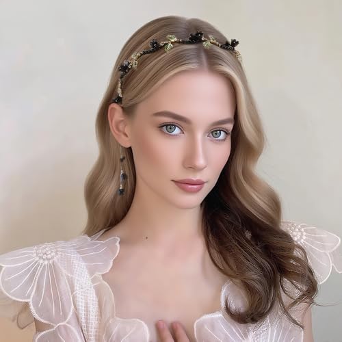 AHONEY Black Flower Headband Crown for Women Girls Dark Fairy Hair Accessories Gothic Headpiece Hair Vine Leaf Headband - color: Black