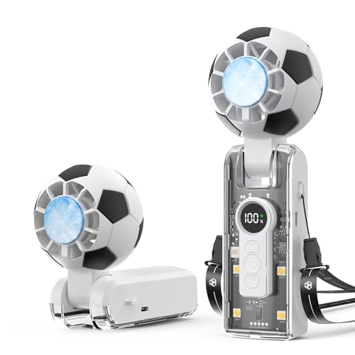 Hiluckey Portable Handheld Turbo Fan with Ice Cooler, 5 Gear Wind, Soccer-Shaped Mini Personal Fan, 6000mAh Football Rechargeable Pocket Fan for Travel/Outdoor/Office, 180° Adjustable (White) - color: White