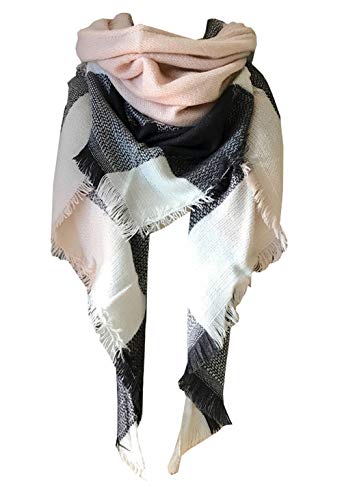 Wander Agio Womens Warm Long Shawl Winter Wraps Large Scarves Knit Cashmere Feel Plaid Triangle Scarf - color: Grey Pink 11