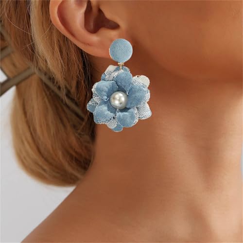 coadipress Boho Denim Camellia Flower Dangle Earrings for Women Exaggerated Big Layered Tiered Blossom Floral Drop Long Earring Chic Statement Earrings Wedding Bridal Jewelry Gifts - style: Pearl Flower