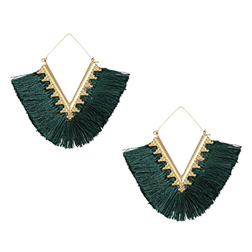Tassel Hoop Earring Statement Thread Dangle Earrings Stylish Long Fringe Drop Earrings Lightweight Long Swingy French Hook Earrings for Women - color: A Dark Green
