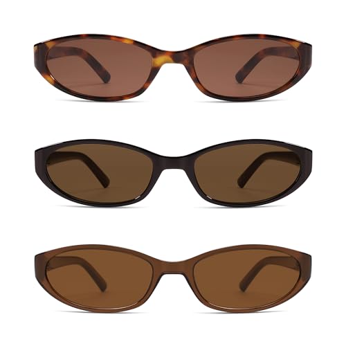 Retro Oval Sunglasses for Women Men Y2k Narrow Cat Eye Sunnies Skinny Shades AR82299 - color: A03 Tortoise+burgundy+clear Brown