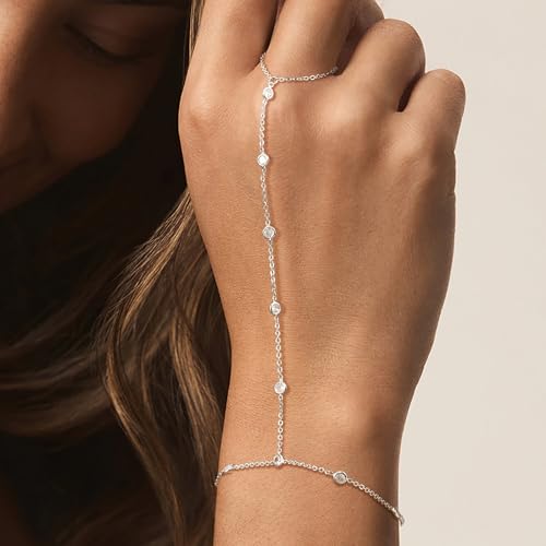 Risamil 14K Gold Plated Hand Chain Bracelets for Women Trendy, Dainty 2PCS Ring Bracelet Hand Chain Finger Bracelets Layered Stackable Link Bracelets for Women Jewelry Gifts for Women - color: CZ-Silver