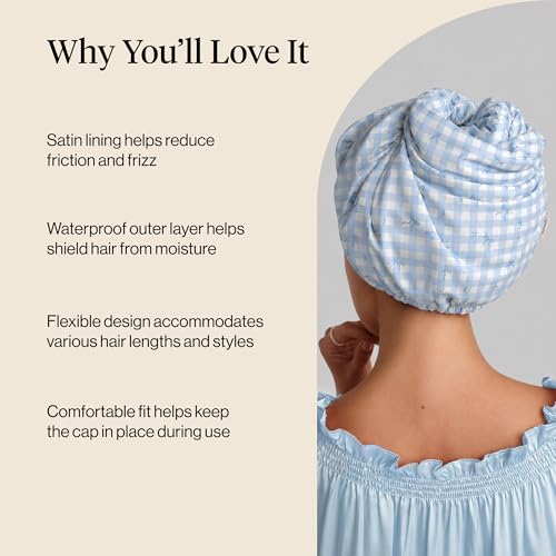 Kitsch Luxury Satin-Lined Flexi Shower Caps for Women Reusable Waterproof - Large Wide Shower Cap for Women & Men, Adjustable, Stylish Hair Cap for Showers, For Long & Short Hair - Gingham Blue - color: Gingham Blue
