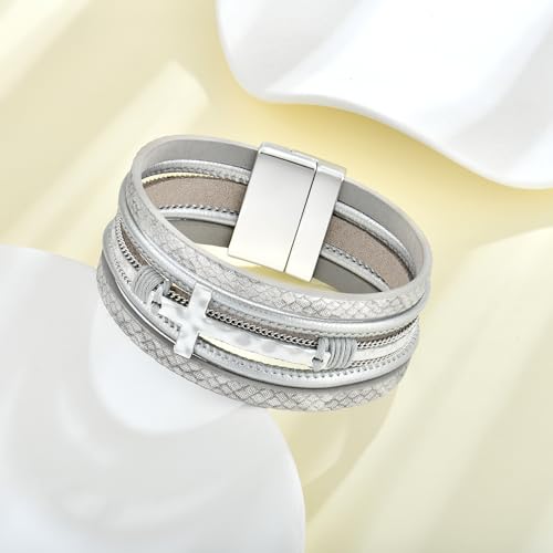 Leather Wrap Bracelets Cross Bracelets Trendy Layered Bracelet for Women Stackable Bracelet Jewelry Birthday Christmas - color: silver