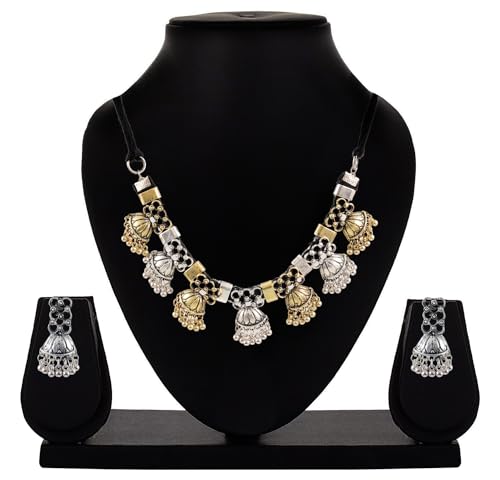 Indian Designer Statement Afghani Silver Oxidised Dual Tone Ethnic Traditional Tassel Choker Necklace Jewelry Women - color: SILVER