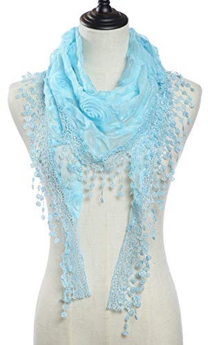 Cindy & Wendy Floral Embroidered Lace Triangle Scarf for Women - color: Light Blue