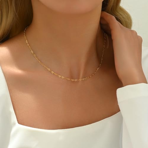 NONAMOIS Gold Chain Necklace for Women Dainty 18K Gold Plated Thin Satellite Beaded Turquoise Necklace Simple Layered Boho Jewelry Christmas Gifts - color: Heart Chain-Gold