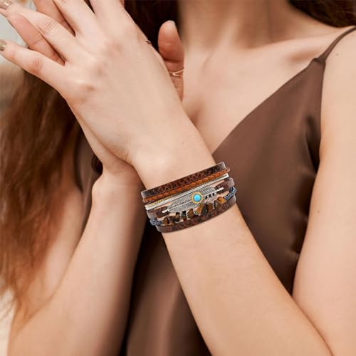 Long tiantian Boho Leather Wrap Bracelets Western Bracelets for Women Stackable Starfish Crystal Pearl Turquoise Leather Bracelet With Clasp Jewelry Gifts Boho Dresses - color: A1:dark brown Bracelet