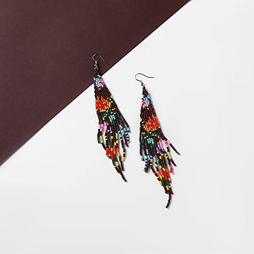 Long Beaded Tassel Earrings - Bohemia Colorful Bead Handmade Beaded Tassel Earrings，Gifts and Christmas - color: Coffee flower
