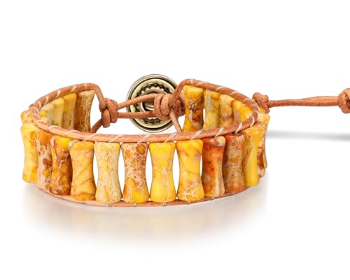 Sriomu 7 Chakra Bracelets for Women Handmade Natural Jasper Stone Healing Bead Bracelet Women Men Boho Friendship Inspirational Jewelry Natural Jasper Stone Double Layer Healing Bead Jewelry Gifts - color: Yellow - Leather