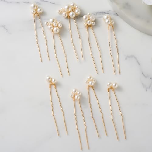 SWEETV 9 Pieces Bride Hair Accessories Pearl Wedding Hair Pins Leaf Bridal Hair Piece Vintage Hair Headpiece Leaf Hair Clips Jewelry for Women Bridesmaids Brides Flower Girls - color: Set-D-Gold
