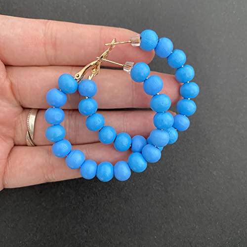 Handmade Nature Wooden Beaded Hoop Earrings Bohemian Minimalist Colorful Circle Round Wood Bead Earrings Vintage Chic Wooden Ethnic Dangle Drop Earrings for Women Statement Jewelry Gifts - color: Sky Blue