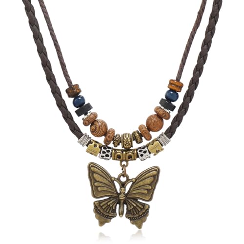 Boho Necklace for Women,Vintage Butterfly Pendant Necklaces,Adjustable Wooden Beads Layered Braided Choker,Fashion Tribal Style Leather Rope Necklace Jewelry,Chunky Statement Gift for Women - color: Black