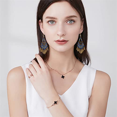 Handmade Vintage Bronze Bohemian Long Tassel Colorful Bead Dangle Drop Earrings Big Tribal Chandelier Geometry Hook Earrings for Women Statement Jewelry Gifts - color: Blue