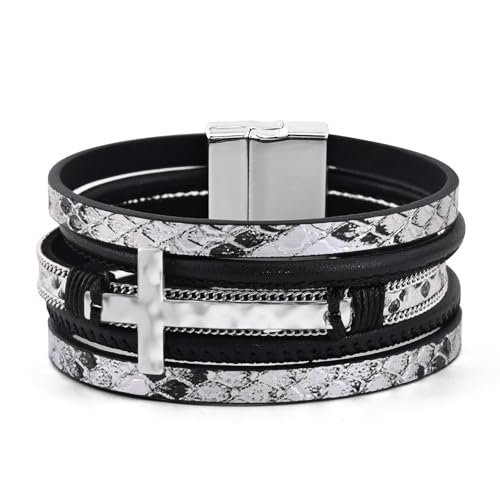 VIBILIA Boho Leather Wrap Bracelets for Women Men Multi-Layer Bracelets with Strong Clasp Western Jewelry - color: 06-Cross-Black