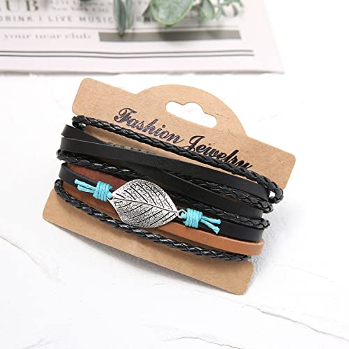 HZMAN Wrap Bracelets Men Women, Hemp Cords Wood Beads Ethnic Tribal Bracelets, Leather Wristbands - style: Leaves