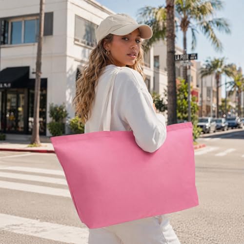 Large Canvas Tote Bag-Extra Big Shopping Beach Totes Bags Reusable Largest Grocery Plain Solid Bag 28"x8"x16" - color: Pink With Zipper