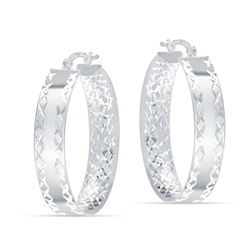 LeCalla 925 Sterling Silver Hoop Earrings for Women | 14K Gold-Plated & Rose Gold-Plated Diamond-Cut Hoop Earrings | Textured Click-Top Hoops Earring Jewelry - color: Yellow Gold DC Textured-30MM
