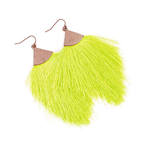 Bohemian Silky Thread Fan Fringe Tassel Statement Earrings - Lightweight Strand Feather Shape Dangles - color: Feather Fringe - Neon Yellow