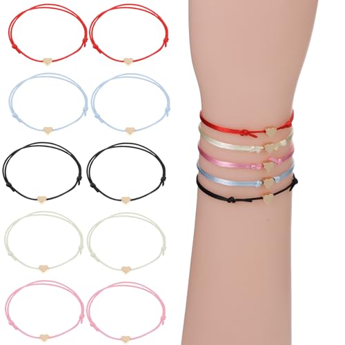 Skrfren 10 Pack Heart Friendship Bracelets, Adjustable Heart Bracelet with Gold Hearts Cord Red Bracelets for Women with Gold Hearts, Red Thread Bracelet for Women Friends Partners Lovers