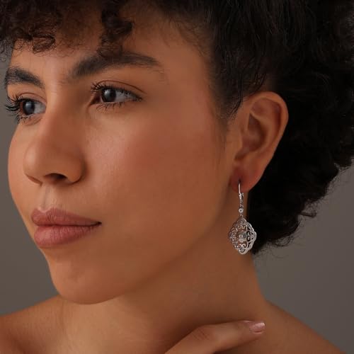 LeCalla 925 Sterling Silver Filigree Dangle Drop Leverback Earrings for Women | Long 925 Silver Dangle Leverback Earrings Hypoallergenic Filigree Tear drop Earrings Jewelry - style: Lab-Grown Diamond 0.03 ct.-45mm