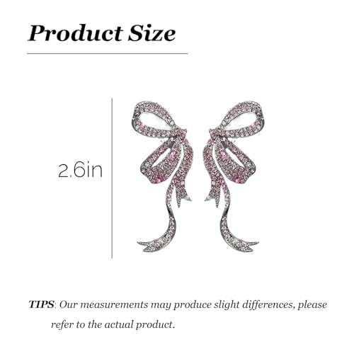 Rhinestone Bow Earrings for Women, Elegant Bridal Jewelry Statement Drop Dangle Earrings, Wedding Guest Dress Matching Accessories, Bridesmaid Gift, Sparkling Party Costume Outfit - color: B2:Pink Bow Earrings