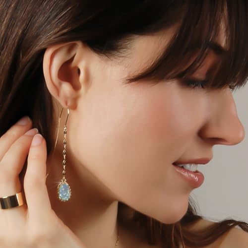 Simulated Druzy Threader Earrings for Women - Gold, Silver, or Rose Gold Tone Long Chain Earrings with Boho Created Geode Stone - color: Gold - Light Blue Stone