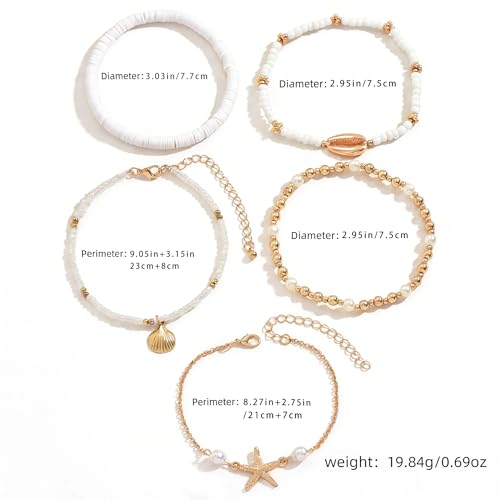 Starfish Seashell Ankle for Women ，14K Gold Bead Handmade Adjustable Plated Boho Shell Anklet ， Foot Chain Jewelry for Summer Beach Vacation - color: Starfish 5Pcs